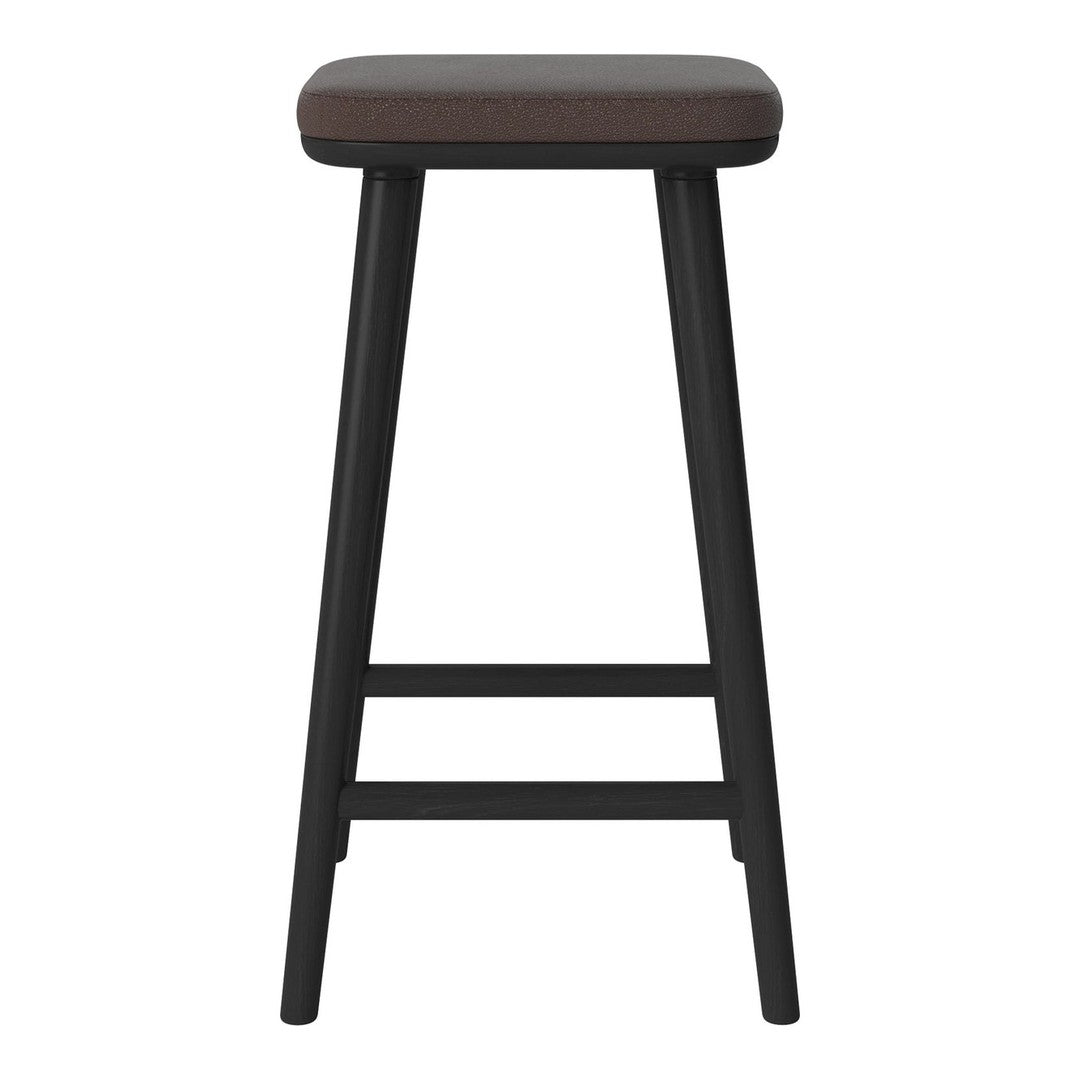 Black wooden bar stool with a smooth, dark brown seat, featuring a minimalist design and clean lines.