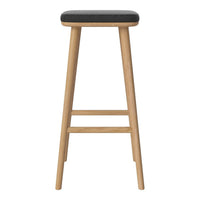 Black upholstered seat with natural wood legs, featuring a simple, modern design suitable for various interiors.