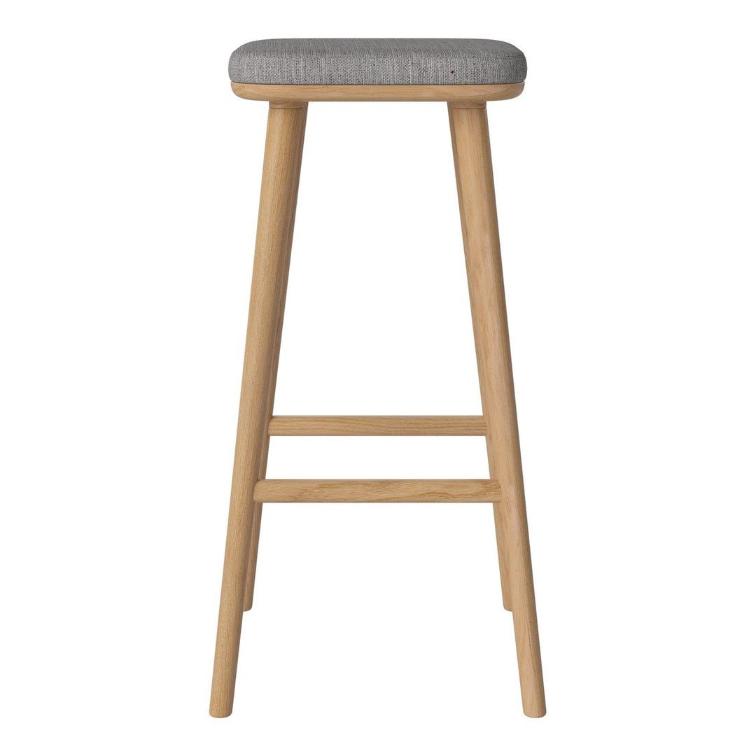 Wooden bar stool with a natural oak finish and a light gray upholstered seat. Simple, modern design.