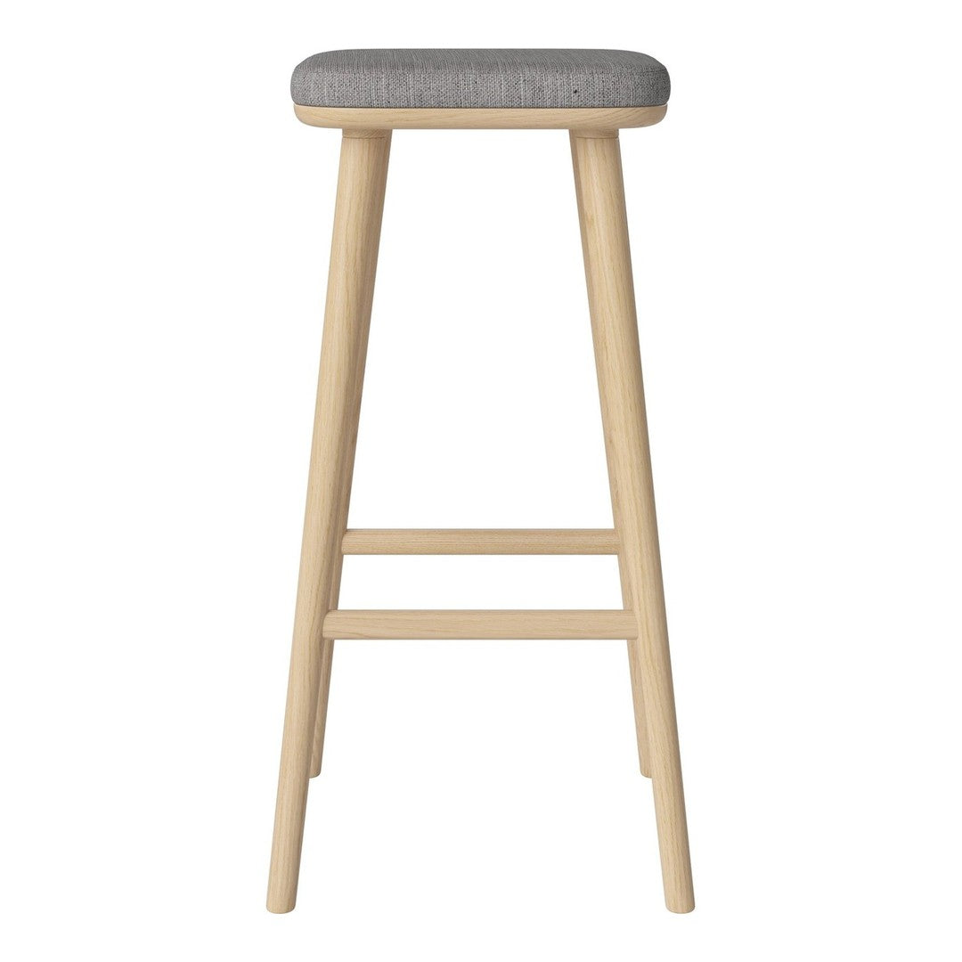 Light wood bar stool with a solid beige cushion and simple, clean lines. Modern and minimalist design.