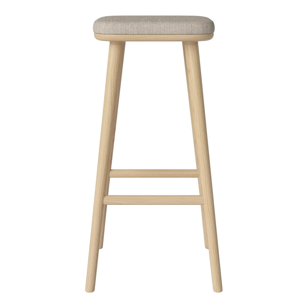 Light wooden bar stool with a soft beige upholstered seat, minimalist design. Perfect for modern kitchens or bars.