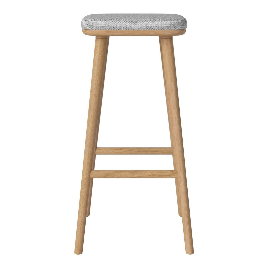 Light wood bar stool with a soft gray upholstered seat and simple, clean lines. Ideal for modern decor.