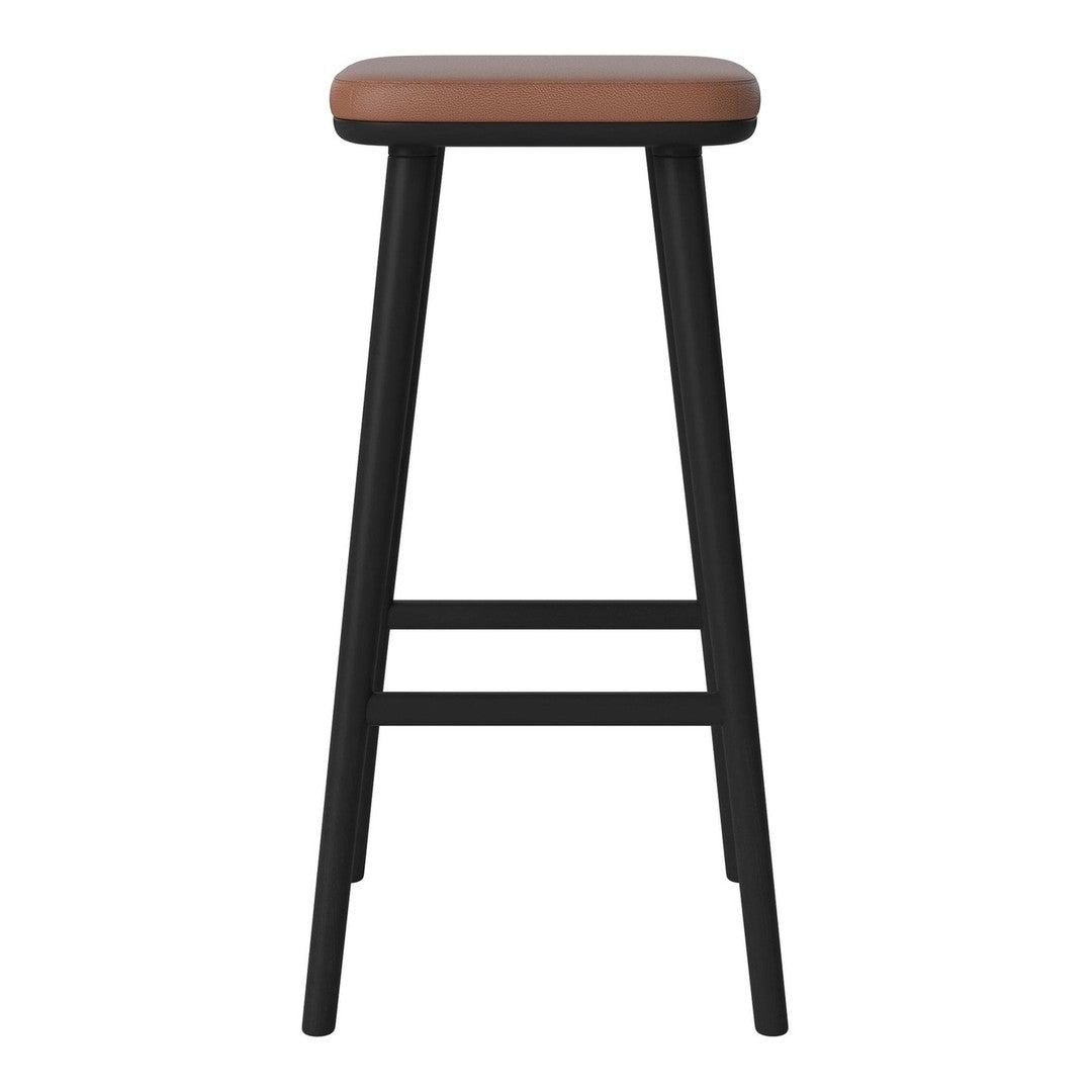 Brown leather seat with a sleek black wooden frame, perfect for modern décor.