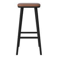 Brown leather seat with a sleek black wooden frame, perfect for modern décor.