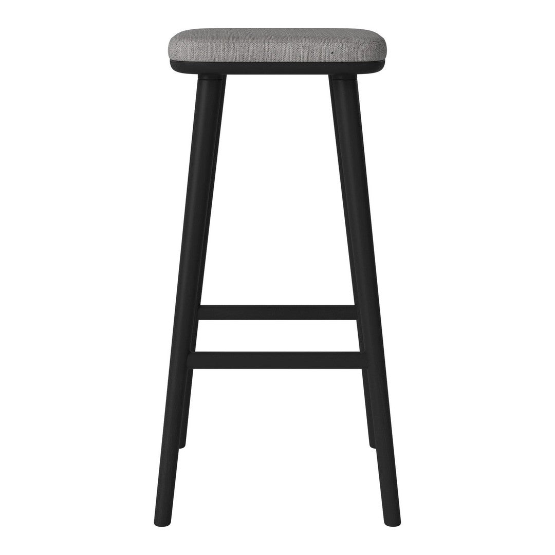 Stylish black bar stool with a sleek grey upholstered seat, perfect for modern decor.