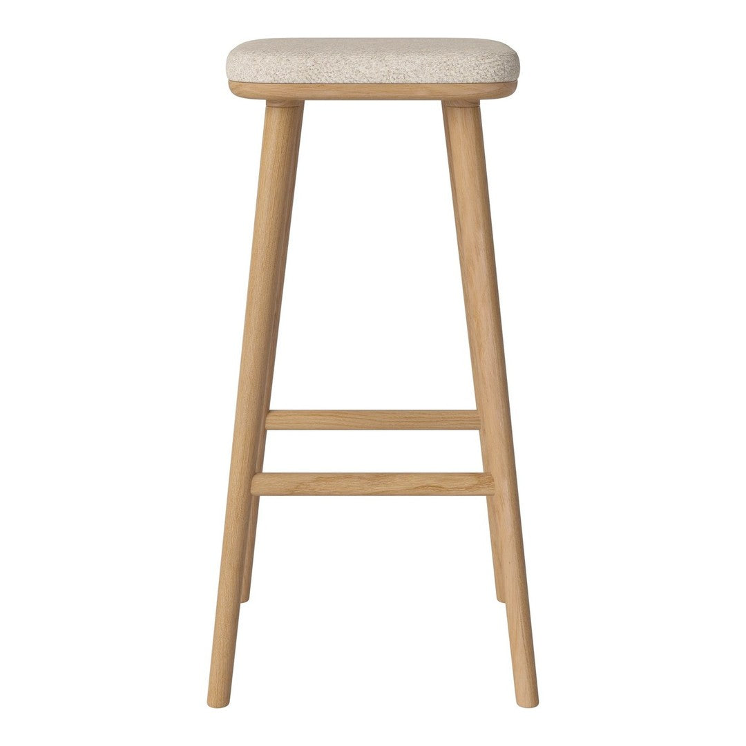 Light beige upholstered bar stool with natural wood legs, featuring a simple, minimalist design.