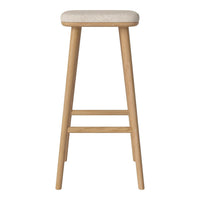 Light beige upholstered bar stool with natural wood legs, featuring a simple, minimalist design.