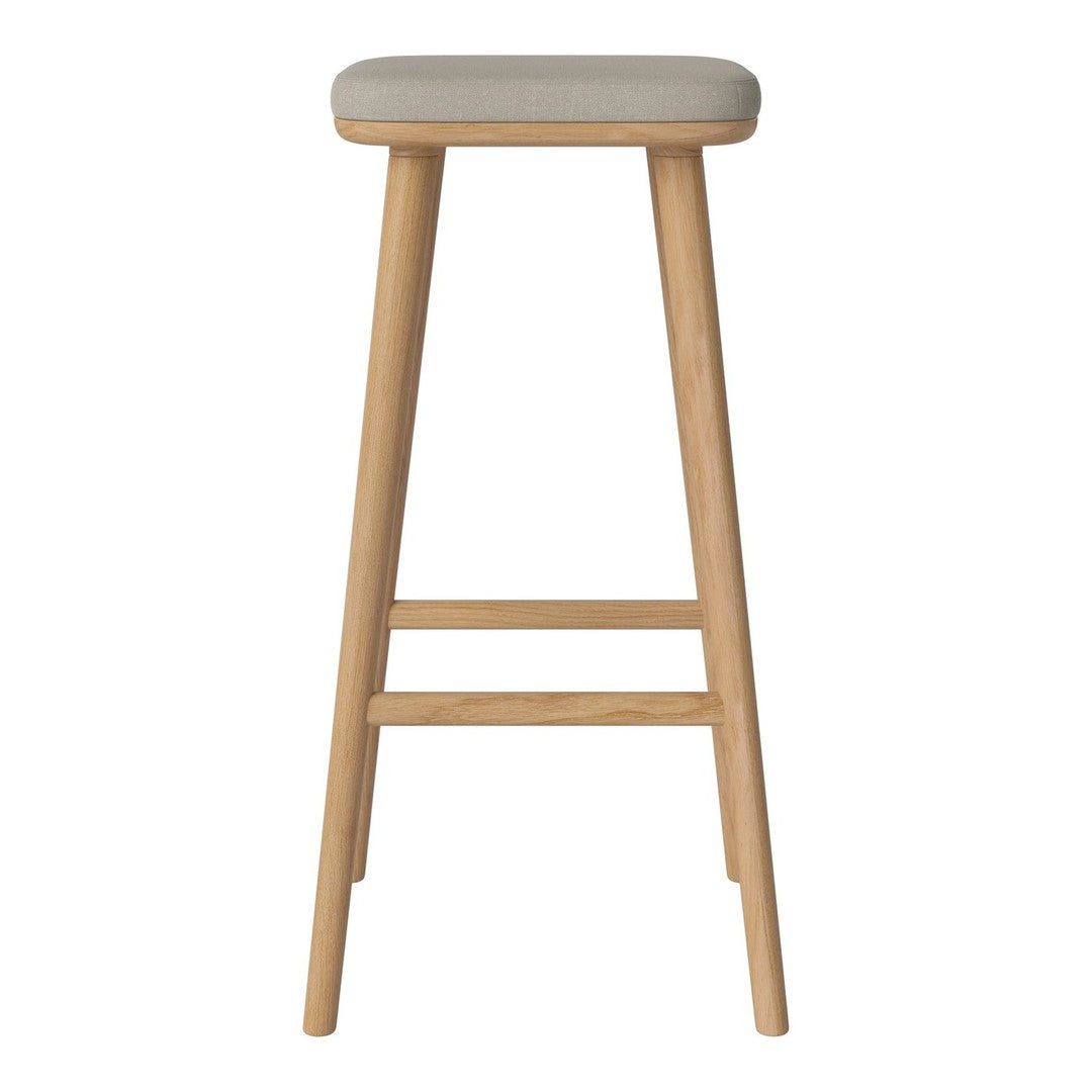 Natural wood bar stool with a beige upholstered seat, featuring a minimalist design. Perfect for modern kitchens.