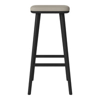 Black wooden bar stool with a light gray upholstered seat. Minimalist design, simple and modern.