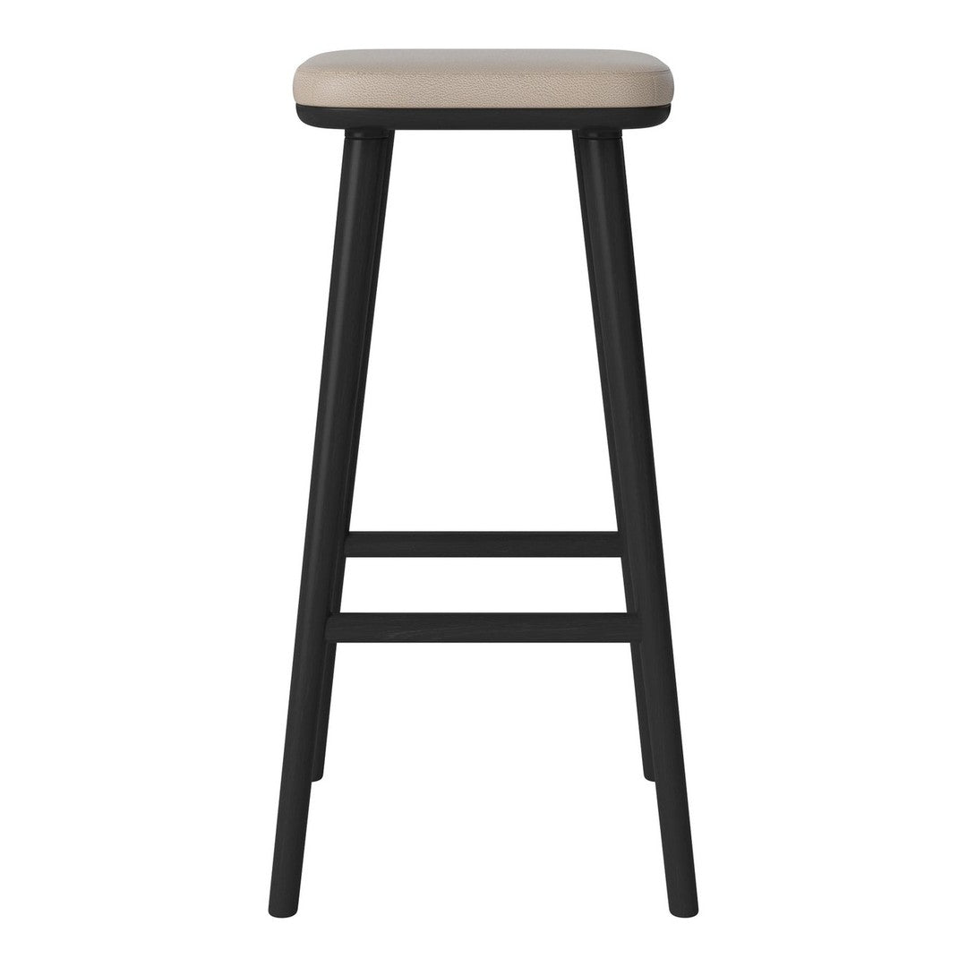 Black wooden bar stool with a soft beige seat, minimalist design, and no visible patterns. Ideal for modern decor.