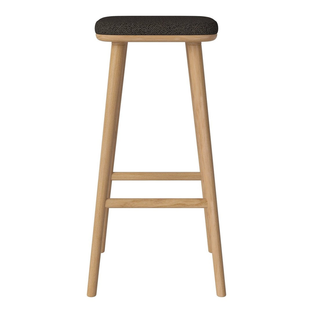 Black-patterned seat on natural wood legs, creating a modern and stylish bar stool design.