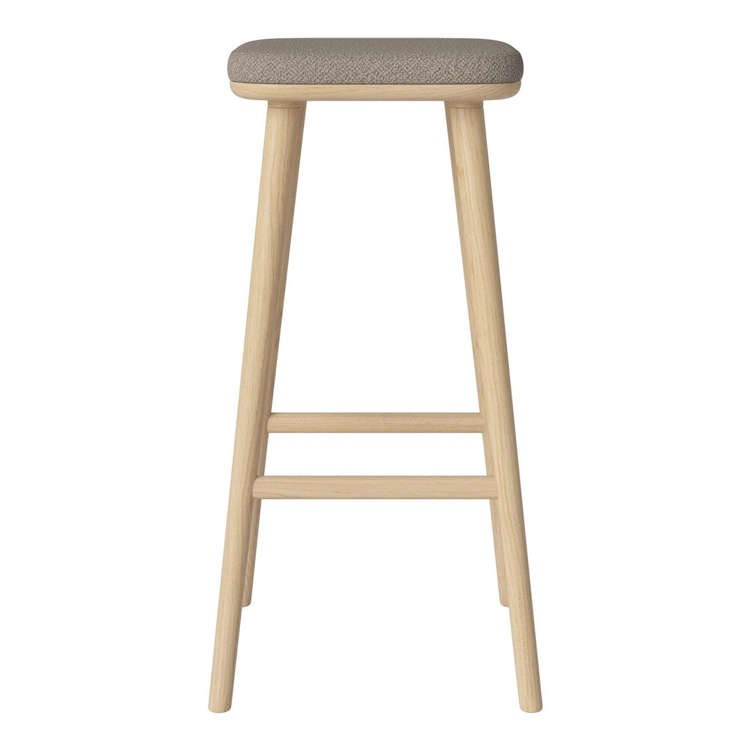Light wood bar stool with a neutral beige cushioned seat, offering a modern, minimalist design.