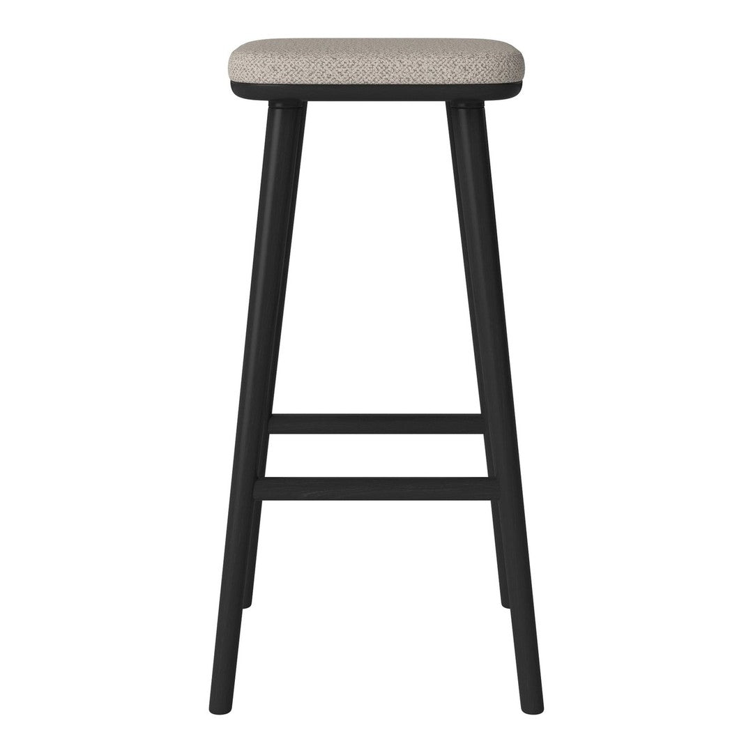 Black wooden bar stool with a light gray upholstered seat, featuring a simple, modern design.