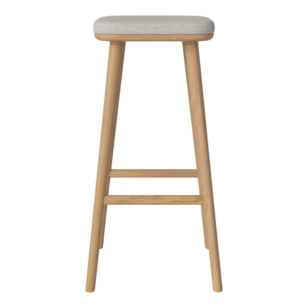 Light beige cushioned seat with natural wood legs in a minimalist design. Perfect for modern decor.