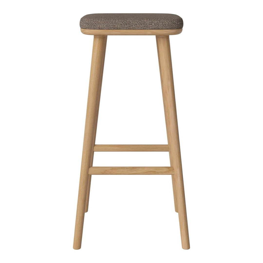 Bar stool with a natural wood finish and a textured gray fabric seat. Modern and minimalist design.
