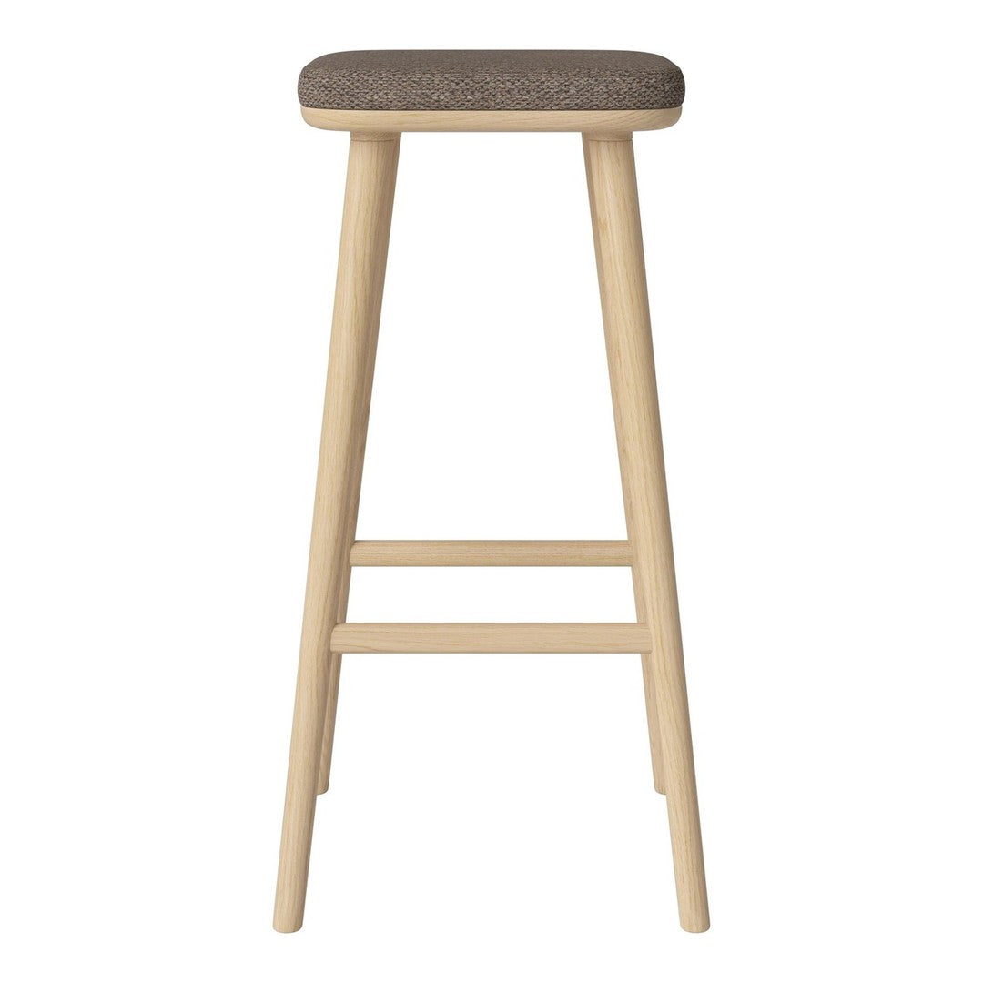 Light wood bar stool with a textured brown seat, featuring a minimalist design and natural finish.
