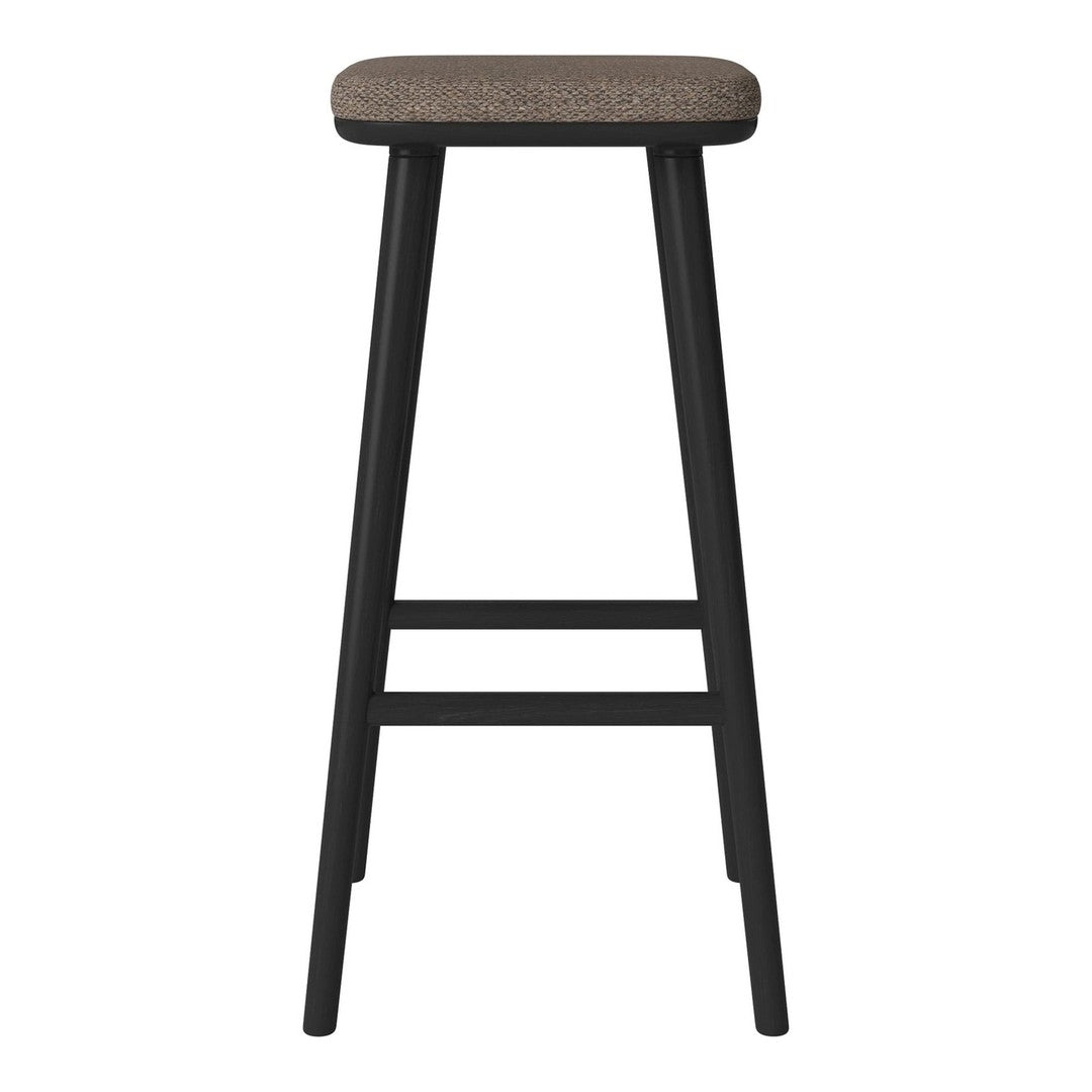 Black barstool with a textured brown seat, featuring a minimalist design and clean lines. Perfect for modern decor.
