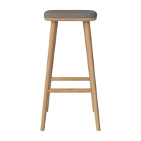 Gray upholstered seat on natural wood legs, featuring a minimalist design for modern decor.