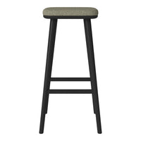 Black wooden bar stool with a textured grey upholstery seat, showcasing a modern and minimalist design.