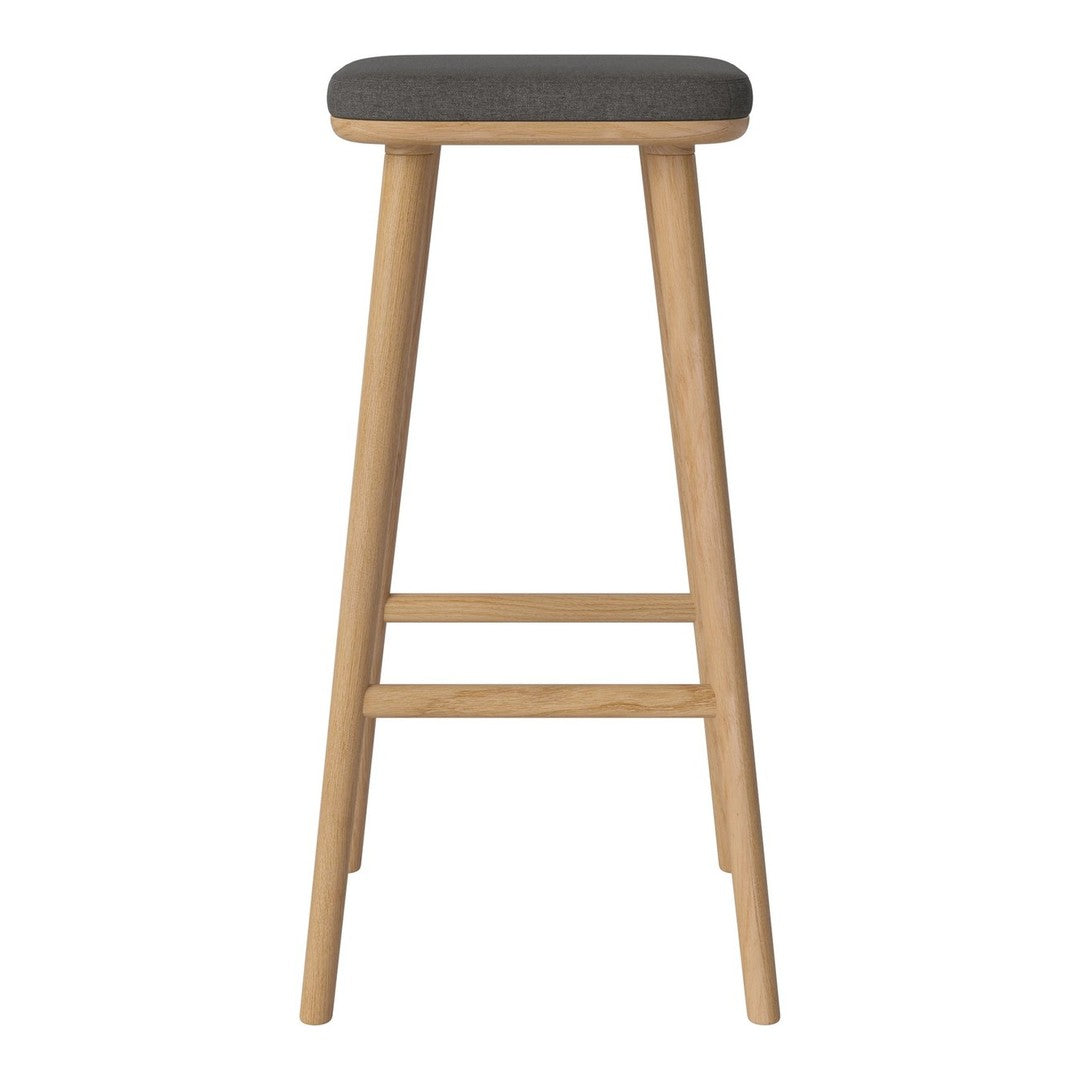 Gray upholstered seat with natural wood legs and a simple, minimalist design. Perfect for modern home decor.
