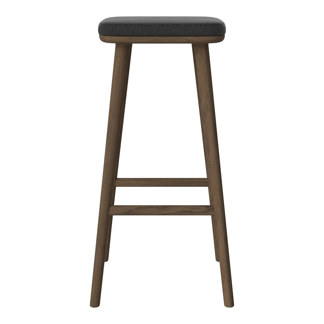 Black padded seat with a dark wood frame, featuring a simple, minimalist design and clean lines.