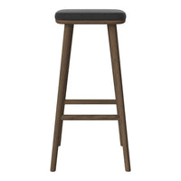 Black padded seat with a dark wood frame, featuring a simple, minimalist design and clean lines.