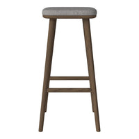 Light gray padded seat atop a dark wood bar stool with simple, clean lines. Perfect for modern decor.