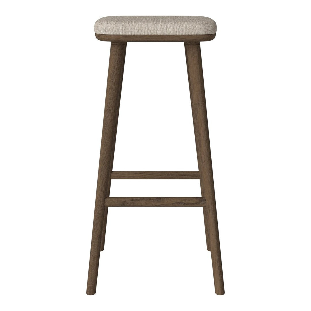 Natural wood bar stool with a light beige upholstered seat, featuring a smooth finish and minimalist design.