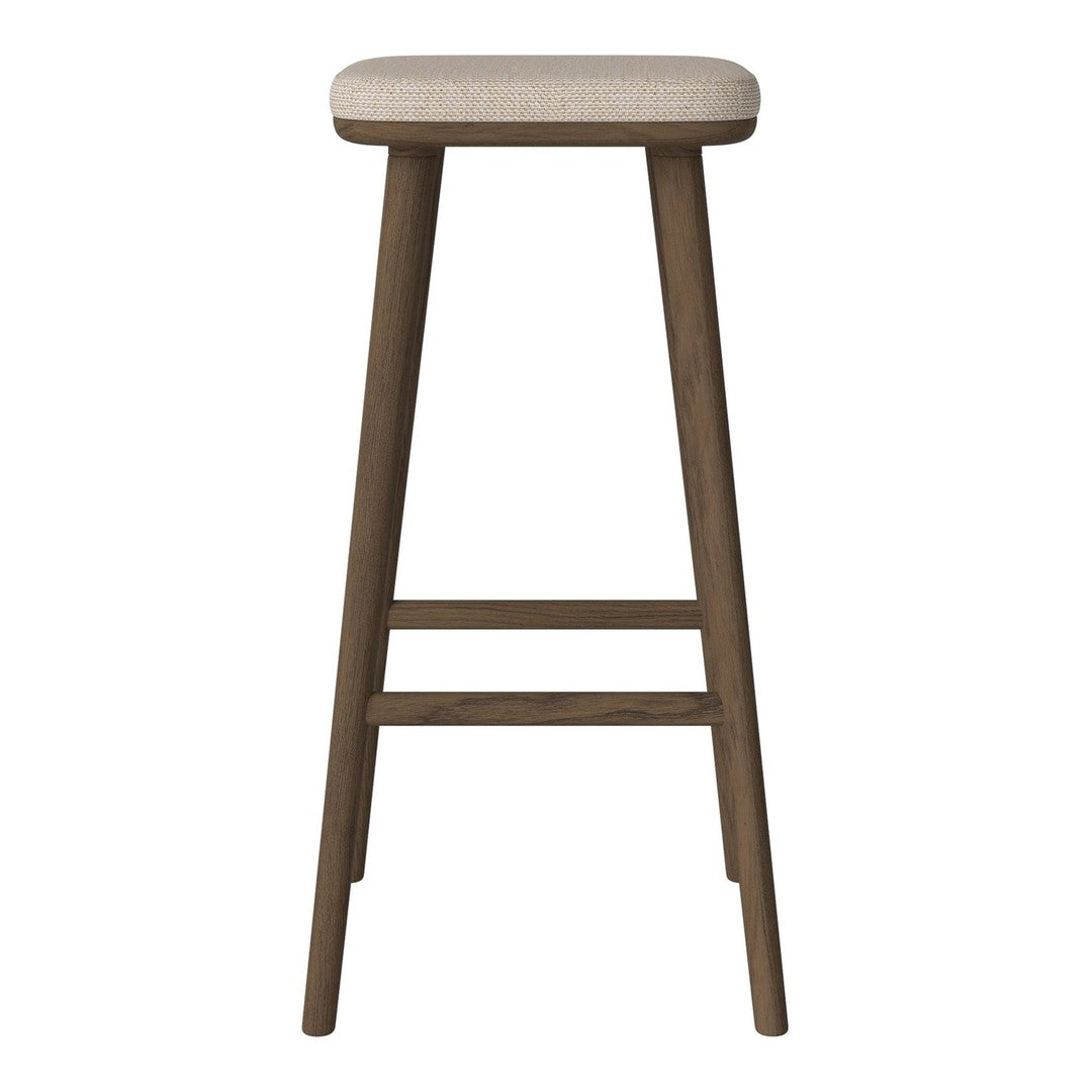 Beige upholstered stool with a natural wood finish, featuring clean lines and a minimalist design.