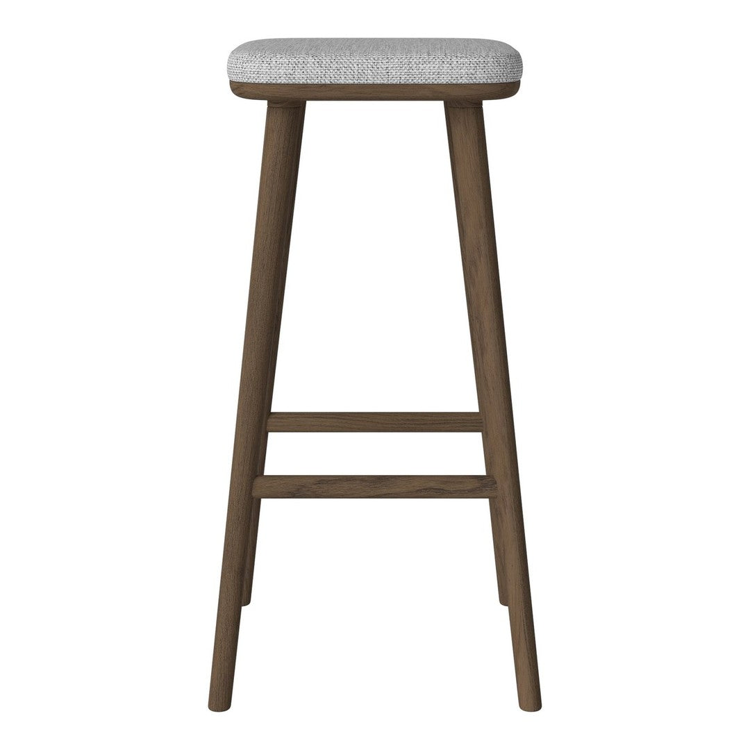 Wooden bar stool with a dark brown finish and a light gray upholstered seat. Simple, modern design.