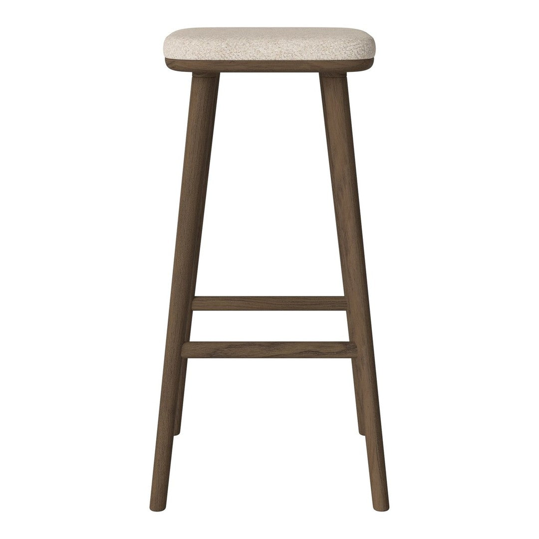 Beige cushioned seat with a sleek, dark wood frame; minimalistic design ideal for modern decor.