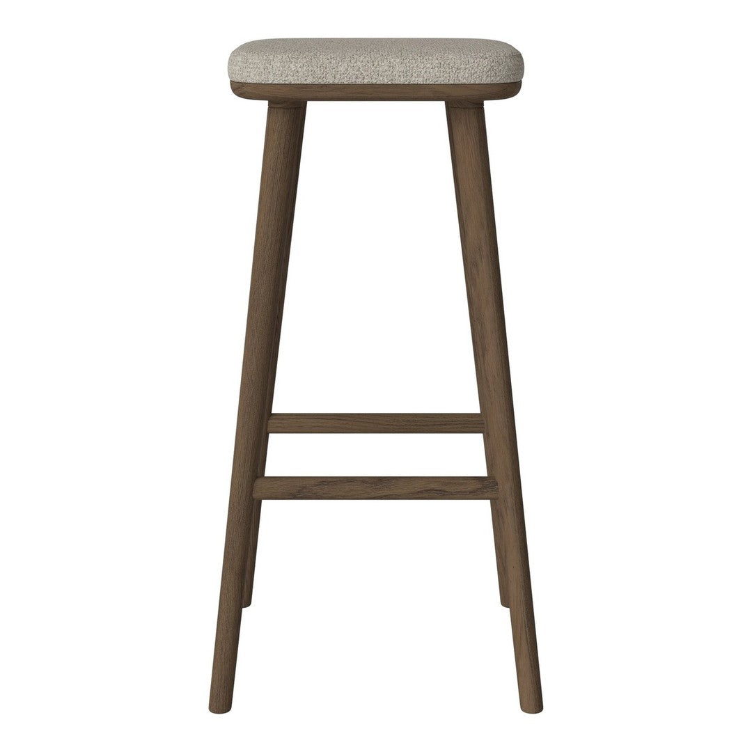 "Brown wooden bar stool with a textured beige seat, perfect for modern or rustic decor."