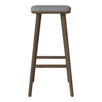 Gray cushioned seat with a natural wood frame, featuring clean lines and minimalistic design. Perfect for modern decor.