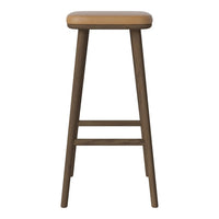 Brown wooden bar stool with a tan seat, featuring a minimalist design and solid construction. Ideal for modern decor.