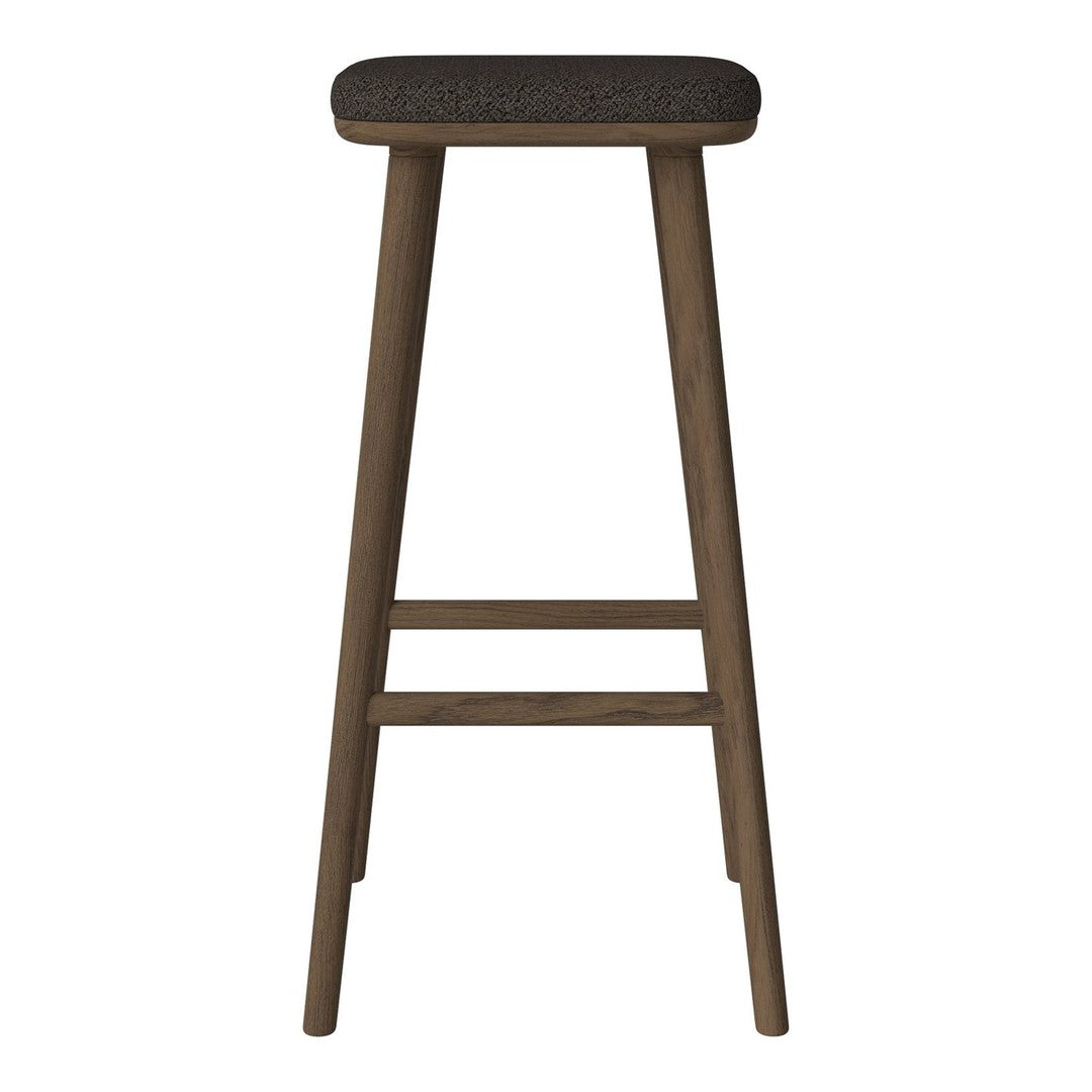 Dark wood bar stool with a simple, solid seat and clean lines, showcasing a minimalist design perfect for any decor.