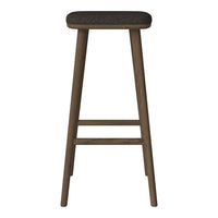 Dark wood bar stool with a simple, solid seat and clean lines, showcasing a minimalist design perfect for any decor.