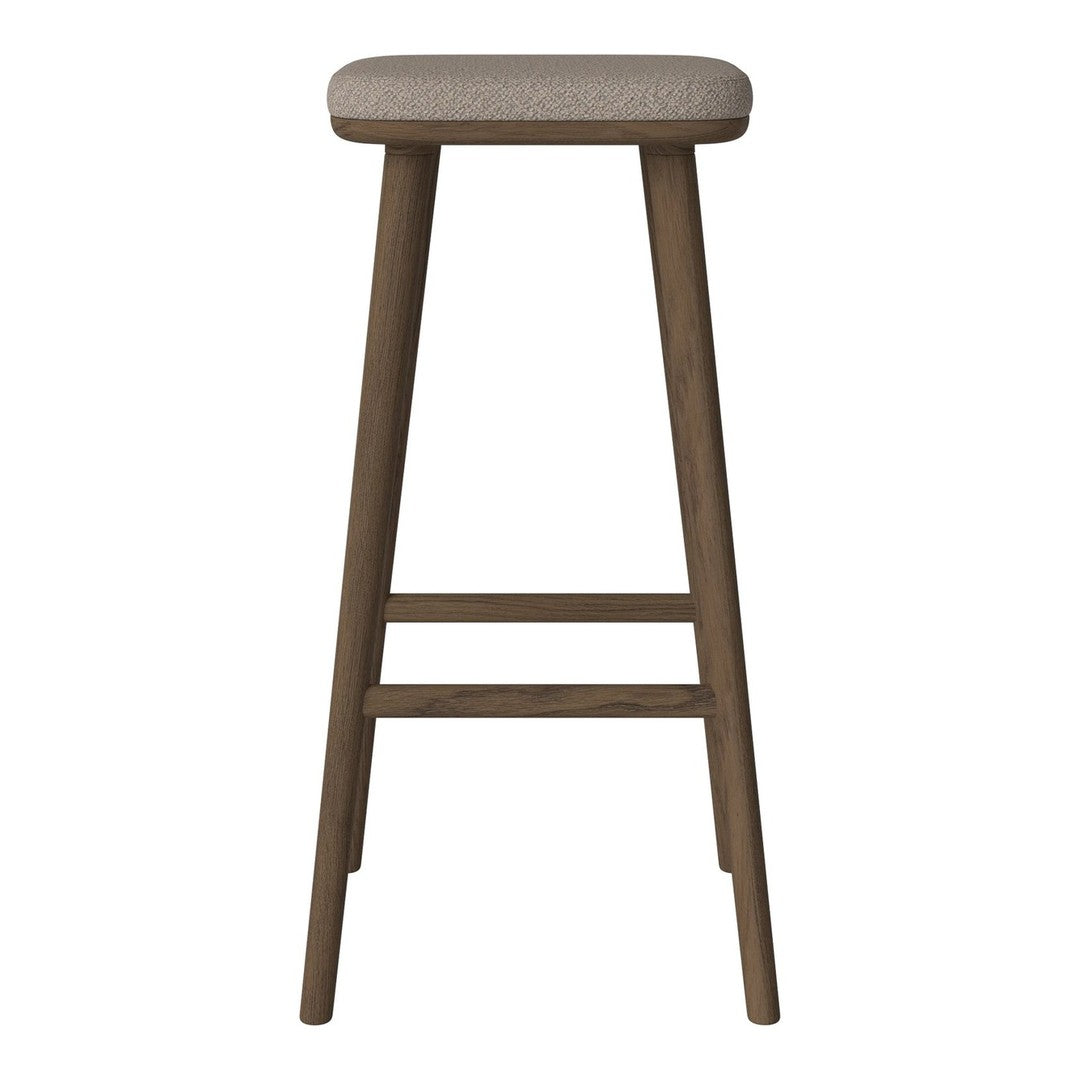 Light beige upholstered seat with a dark wood frame, featuring a simple, modern design.