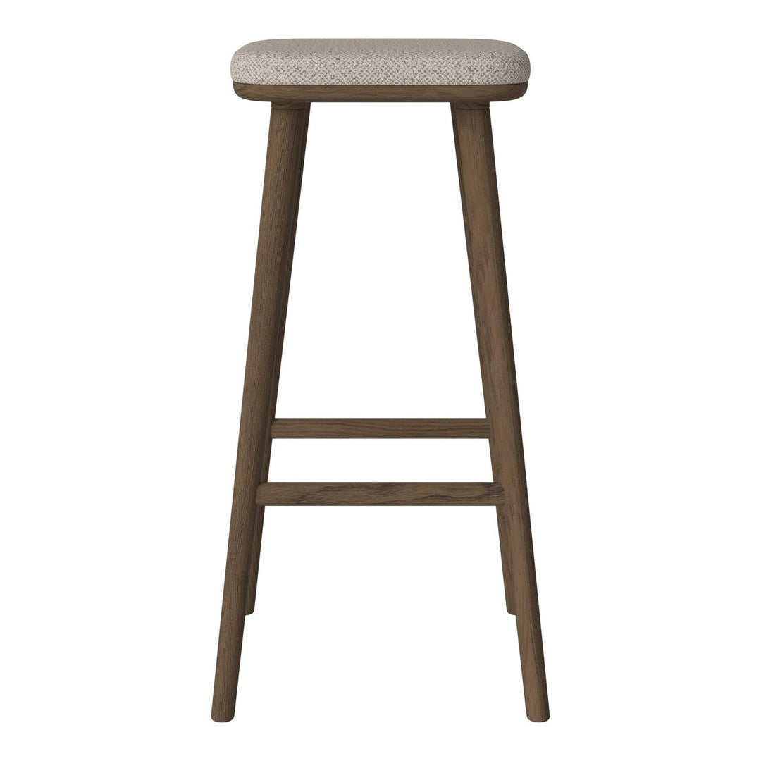 Light beige upholstered seat with a dark wood frame, featuring a simple and modern design.
