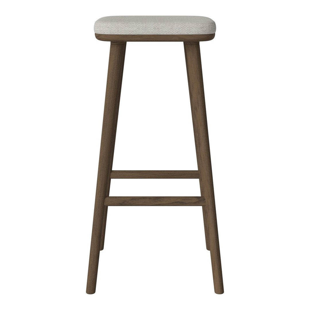 Neutral beige seat with a light wood grain finish and dark brown legs for a modern, minimalist look.