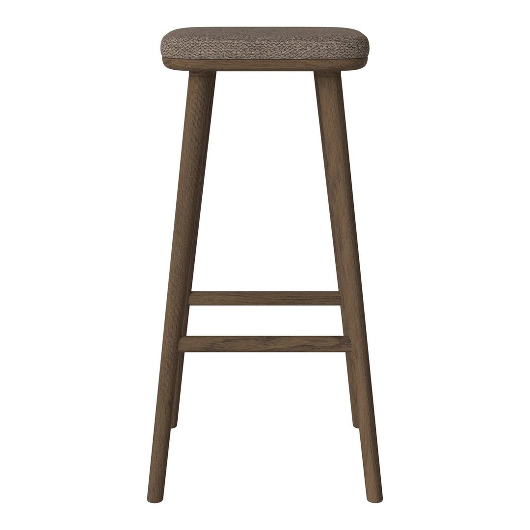 Natural brown wooden bar stool with a textured beige fabric seat, featuring clean lines and a minimalist design.