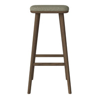 Light green upholstered stool with a simple, textured pattern and brown wooden legs. Perfect for modern decor.