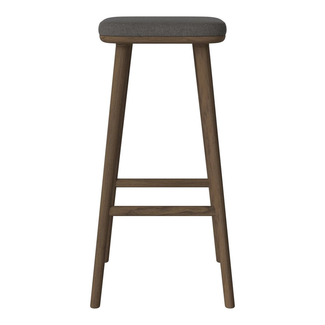 Gray upholstered stool with wooden legs in a sleek, minimalistic design. Perfect for modern interiors.