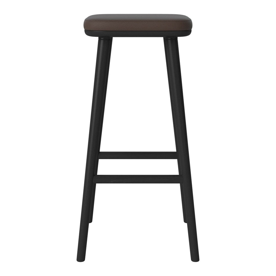 Black wooden bar stool with a sleek brown seat, featuring a minimalist design and simple straight lines.