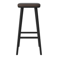 Black wooden bar stool with a sleek brown seat, featuring a minimalist design and simple straight lines.