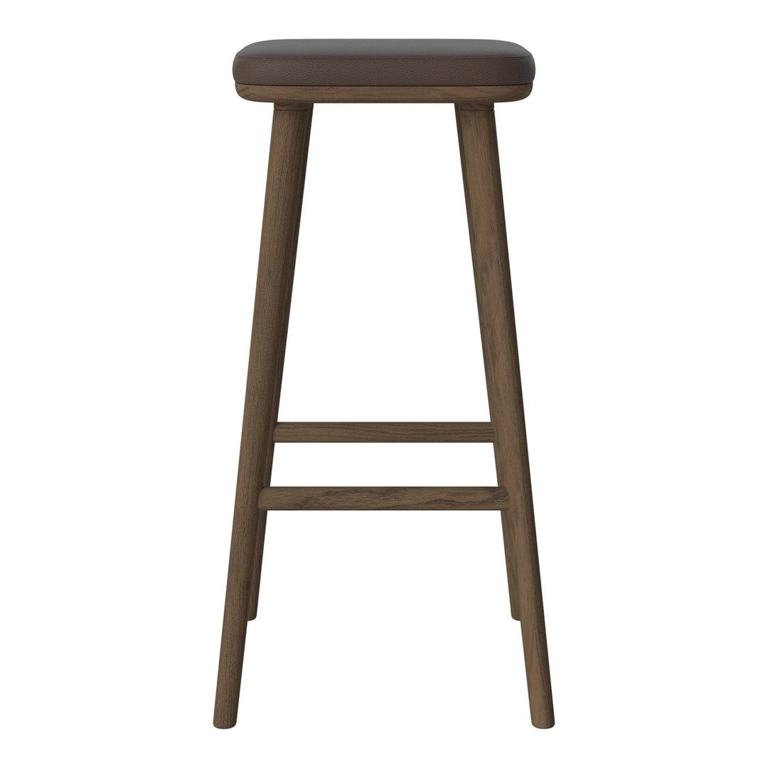 Brown padded bar stool with a sleek wooden frame, featuring a simple and modern design.