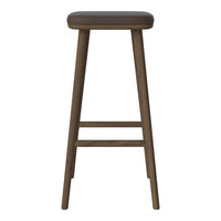 Brown padded bar stool with a sleek wooden frame, featuring a simple and modern design.
