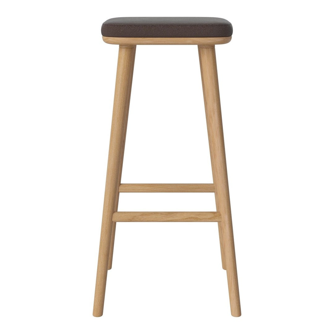 Classic wooden stool with a natural oak finish and a dark brown cushioned seat. Simple and stylish design.
