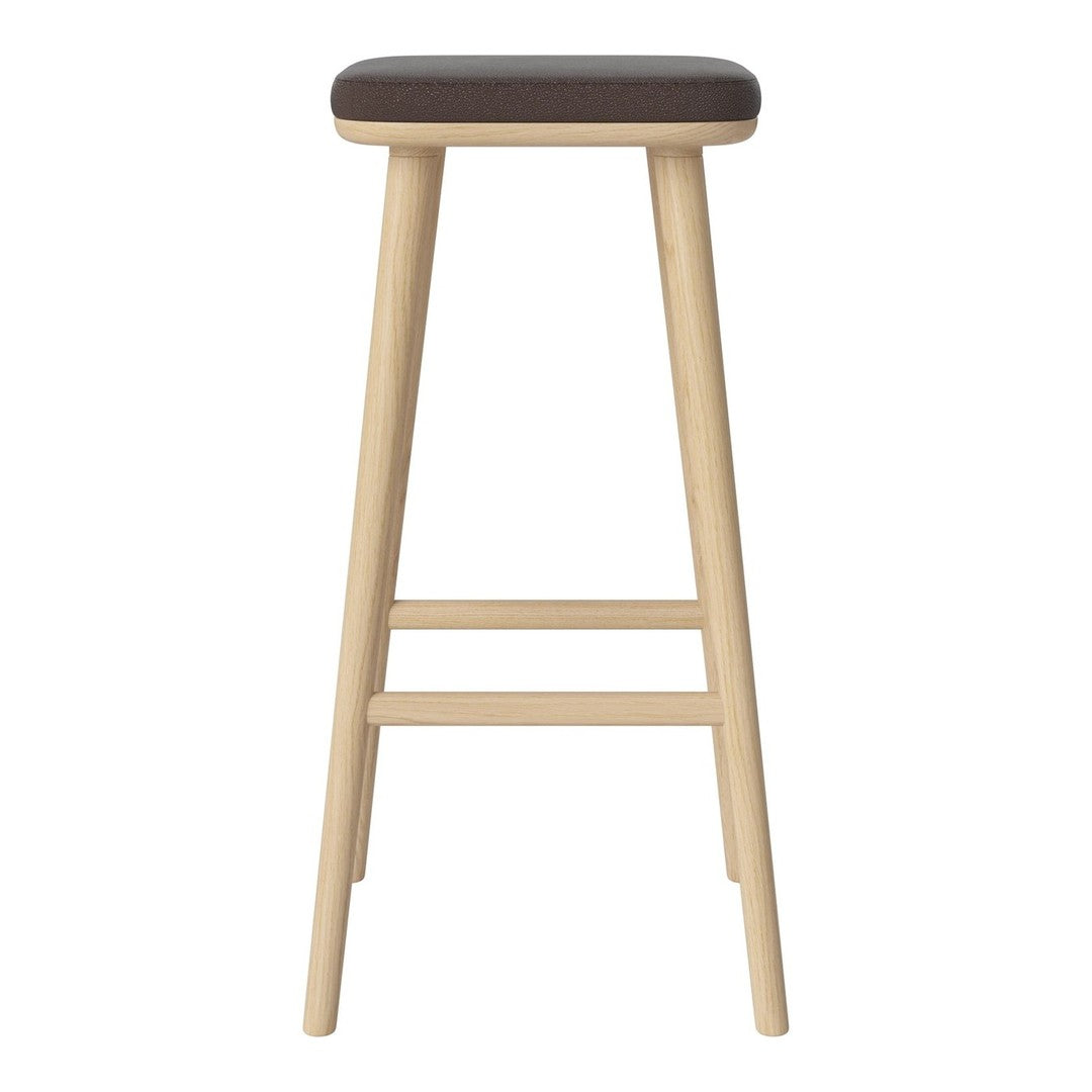 Neutral wooden bar stool with a sleek, dark brown padded seat. Simple, modern design with a smooth finish.