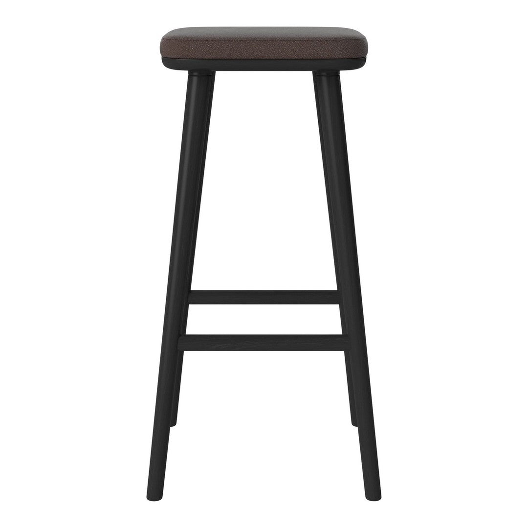 Brown cushioned seat with sleek black wooden legs, minimalistic design with no patterns. Ideal for modern spaces.