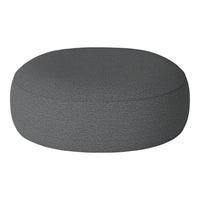 Round grey pouf with a textured finish, perfect for modern decor. Versatile and stylish accent piece for any space.